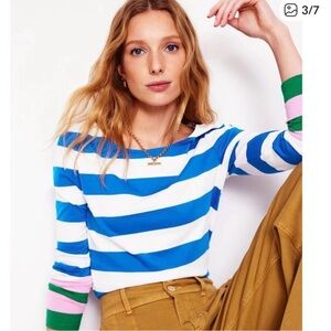 Boden Long Sleeve Striped Tee in Blue, White, Pink & Green